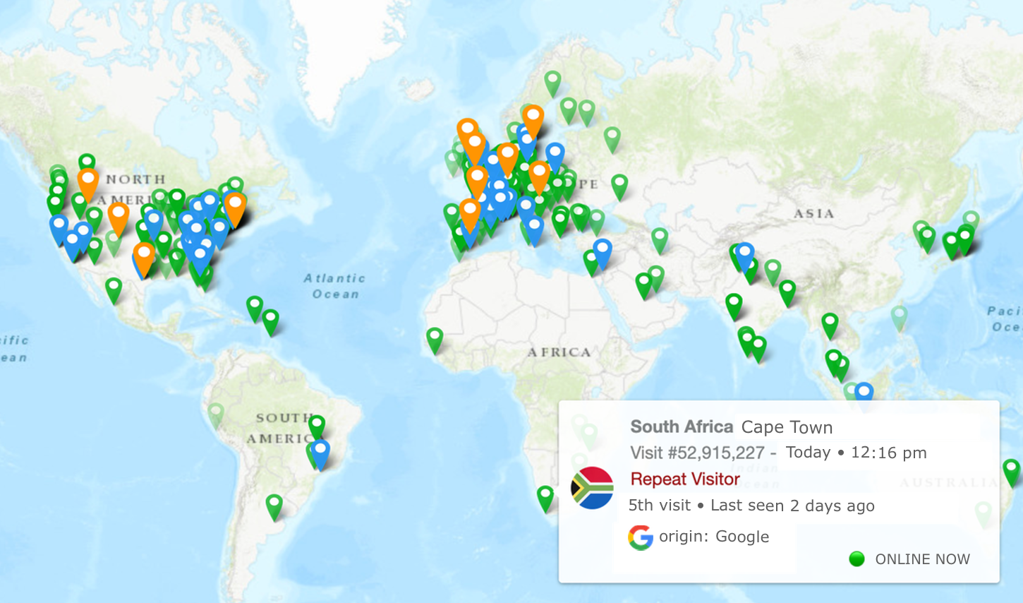 Web-Stat Carte des visiteurs récents avec des marqueurs de localisation dans le monde entier
